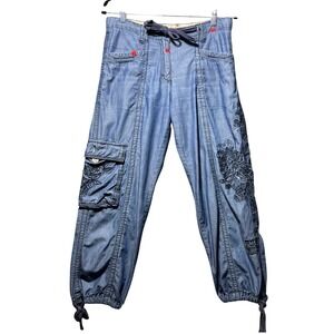 Y2K Blue Willis Womens Embroidered Floral Cargo Pants Blue Chambray US 8 EU38